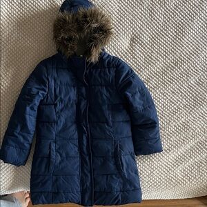 Mini Boden Dark Blue Puffer Jacket with Faux Fur Trim